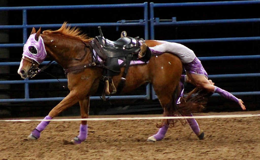 Ranelle performing a tail drag at last year’s Australian Trick Riding Championships where she placed third. Ranelle performing a tail drag at last year’s Australian Trick Riding Championships where she placed third.